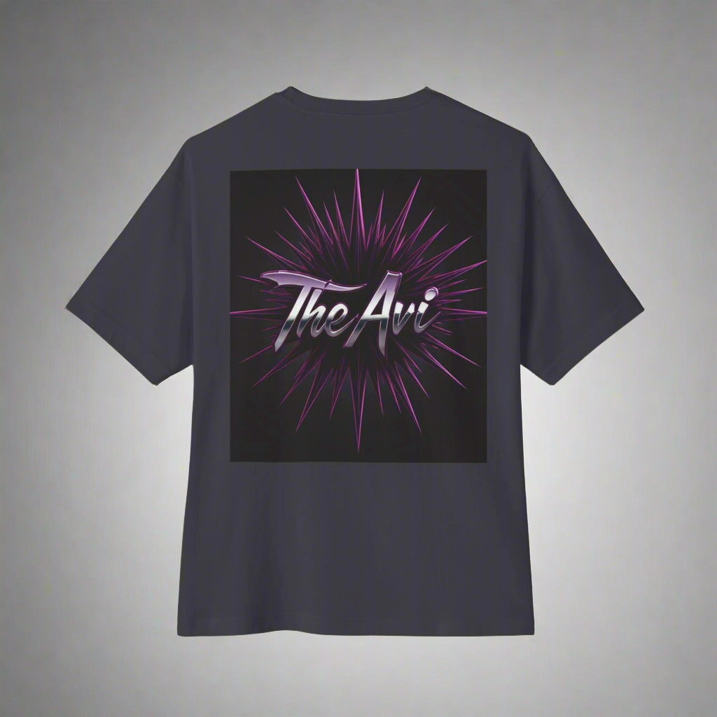 Black t-shirt with 'The Avi' design on the back against a white background